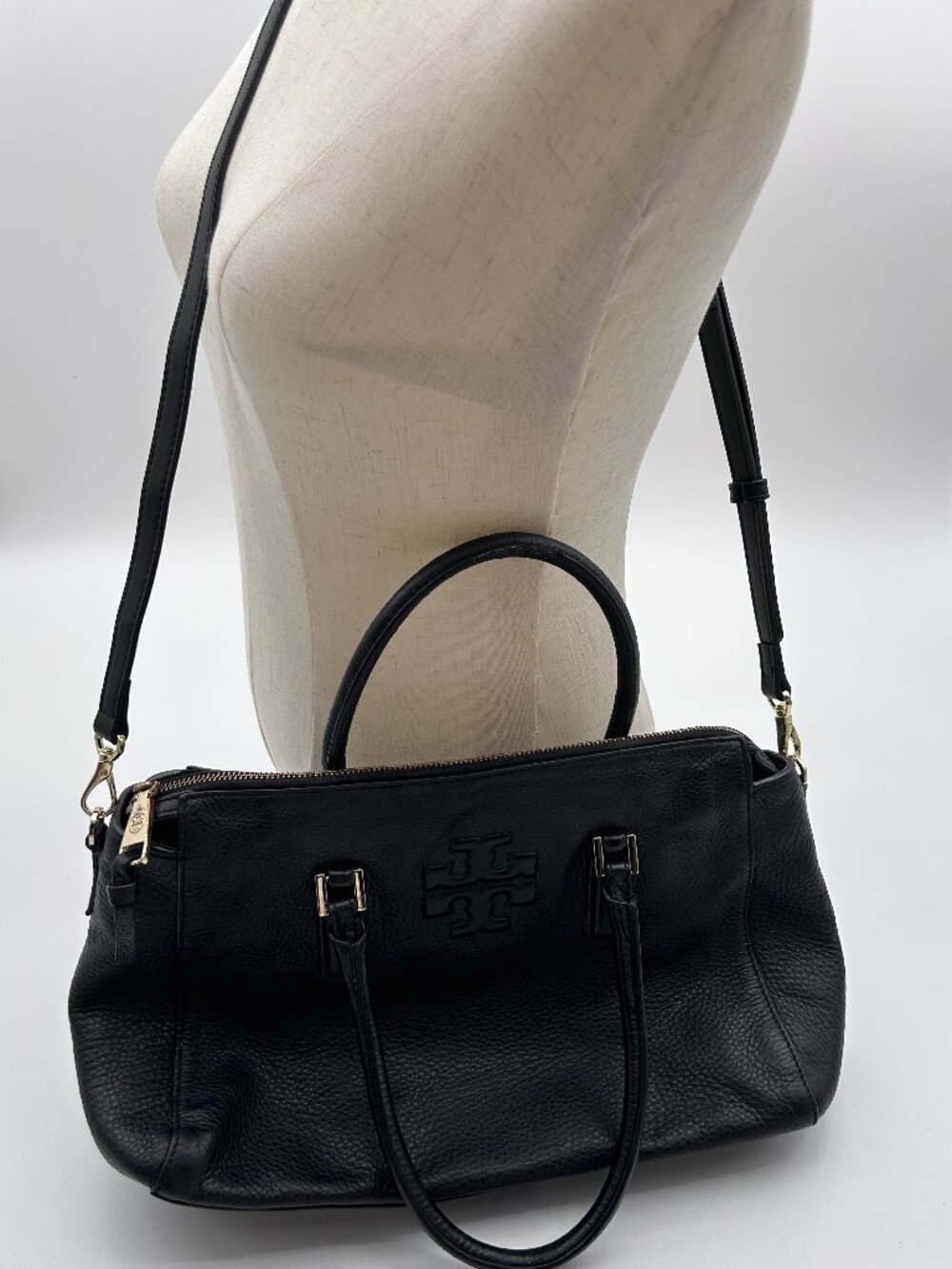 Tory Burch Black Pebbled Leather Satchel Crossbody Bag Gold Hardware